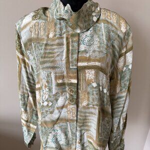 QUO-SILK Vintage Large Abstract Green & Tan Long Sleeve Button Blouse